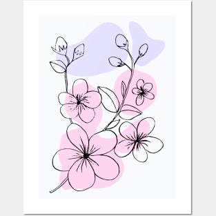 One Line Art Cherry Blossom Flowers Posters and Art